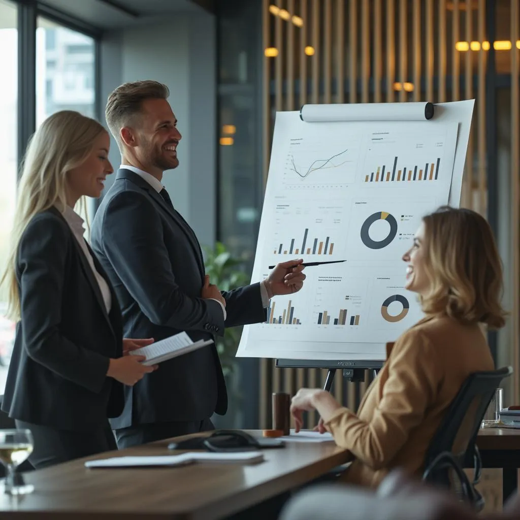 Consultor presentando estrategias financieras a clientes